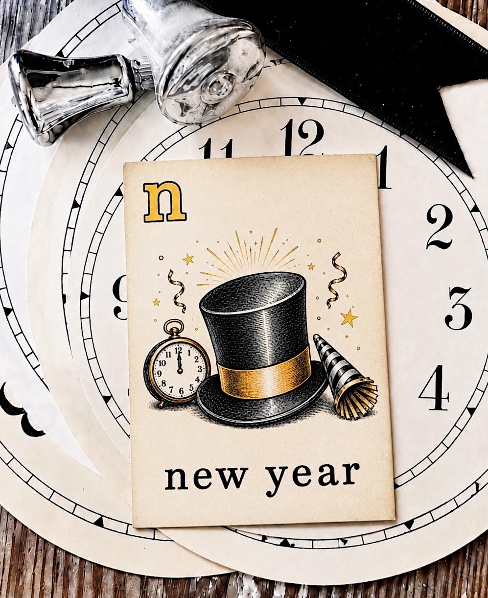 NEW YEAR Flash Card Vintage Holiday Farmhouse Decor Party