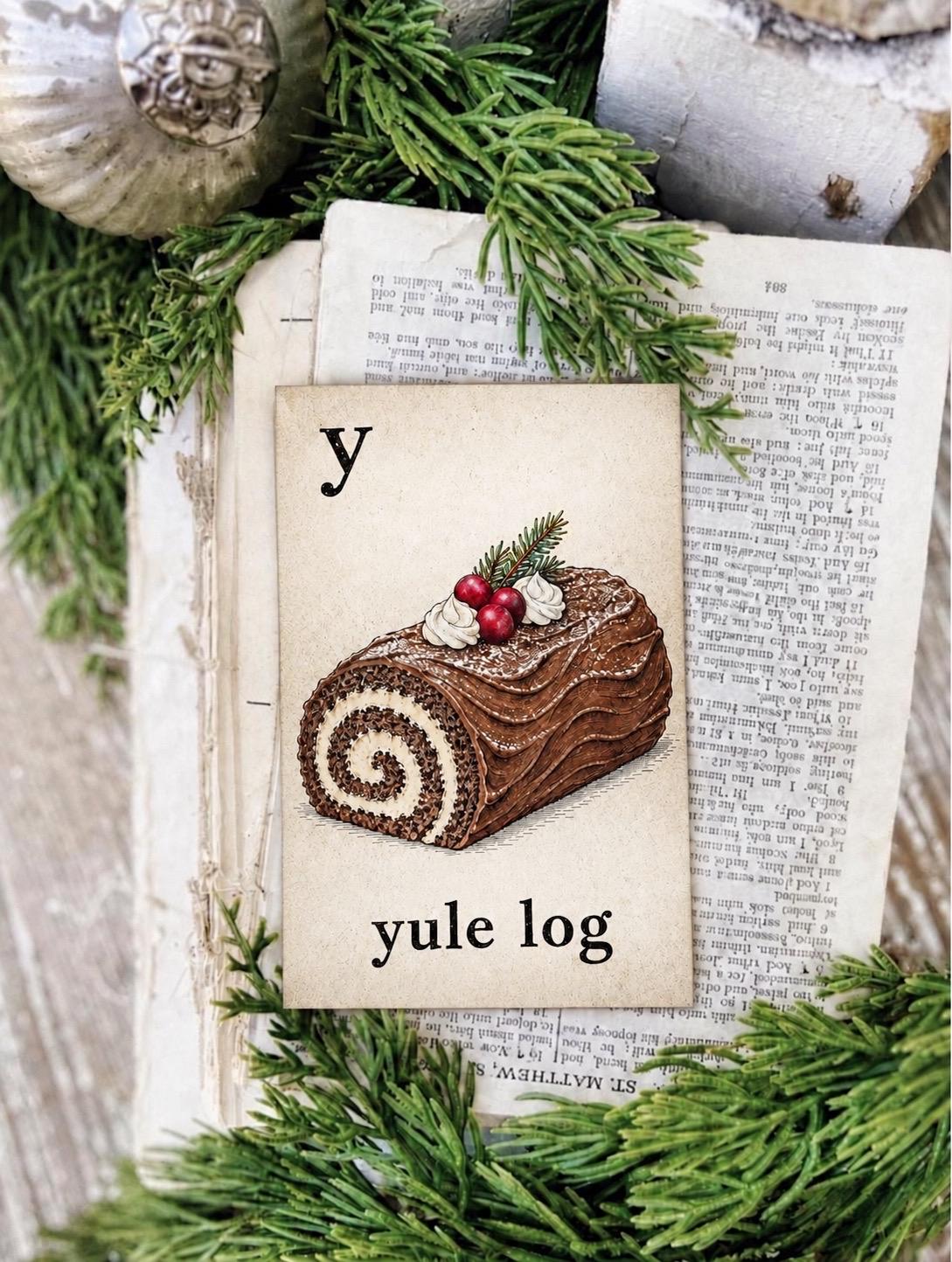 YULE LOG Flash Card Vintage Christmas Farmhouse Decor Party