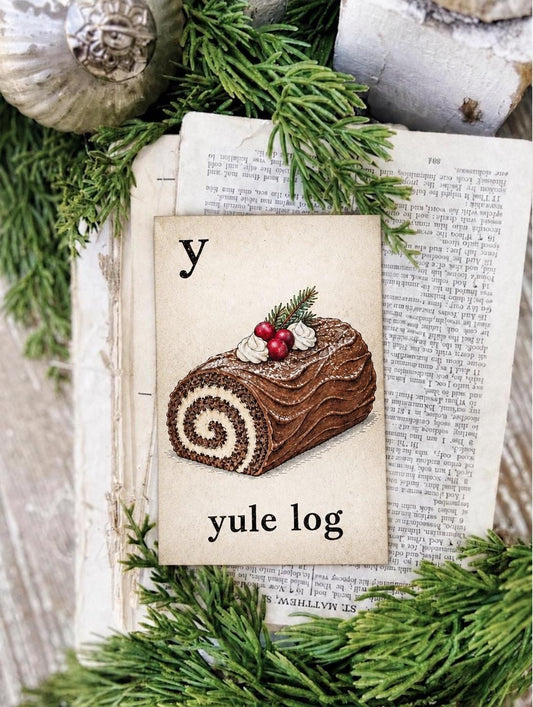 YULE LOG Flash Card Vintage Christmas Farmhouse Decor Party