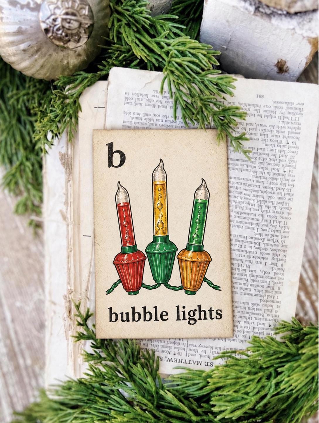 BUBBLE LIGHTS Flash Card Vintage Christmas Farmhouse Decor Party
