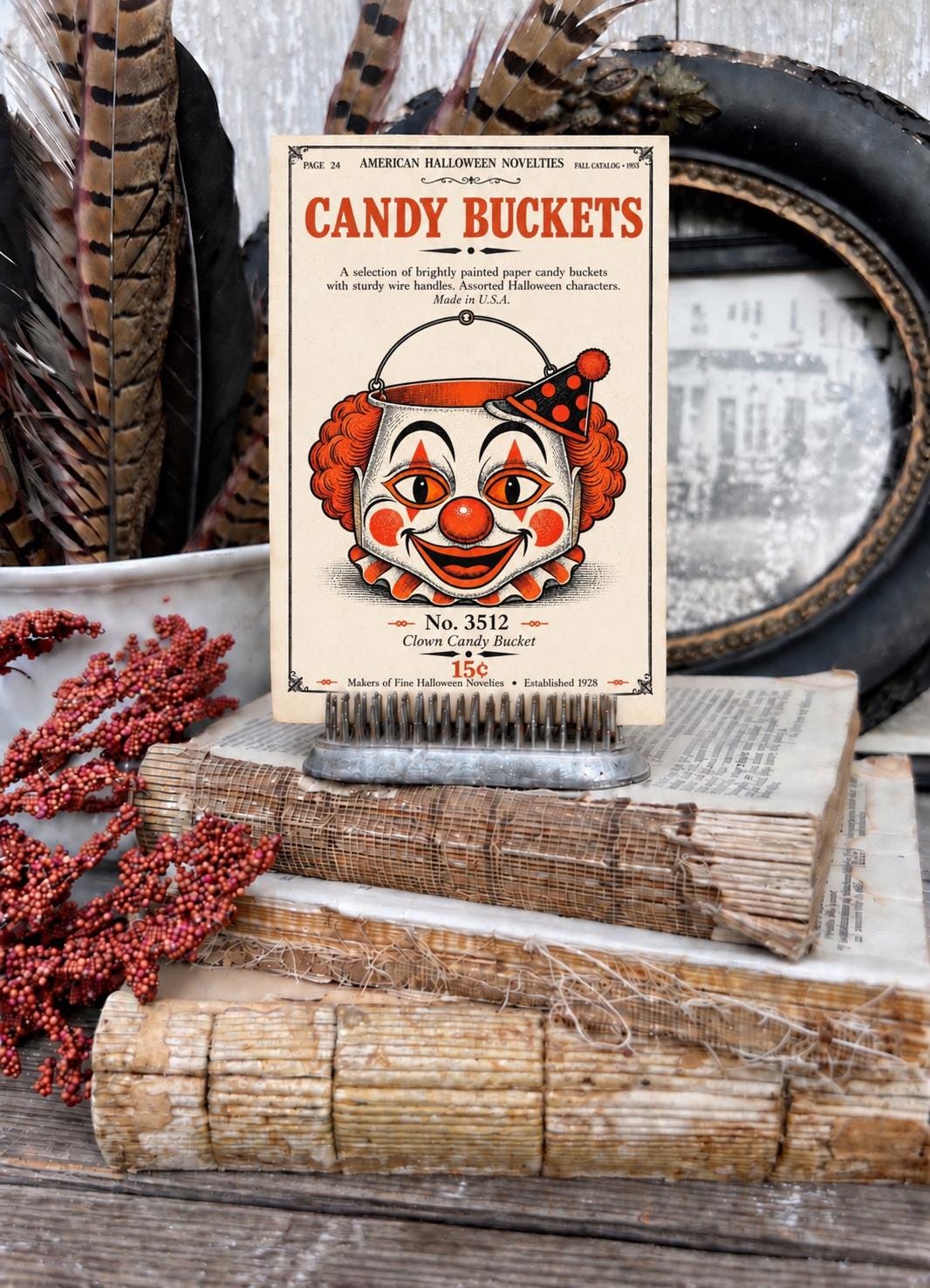 CLOWN Candy BUCKET Vintage Halloween Catalog Card Fall Decor Sign