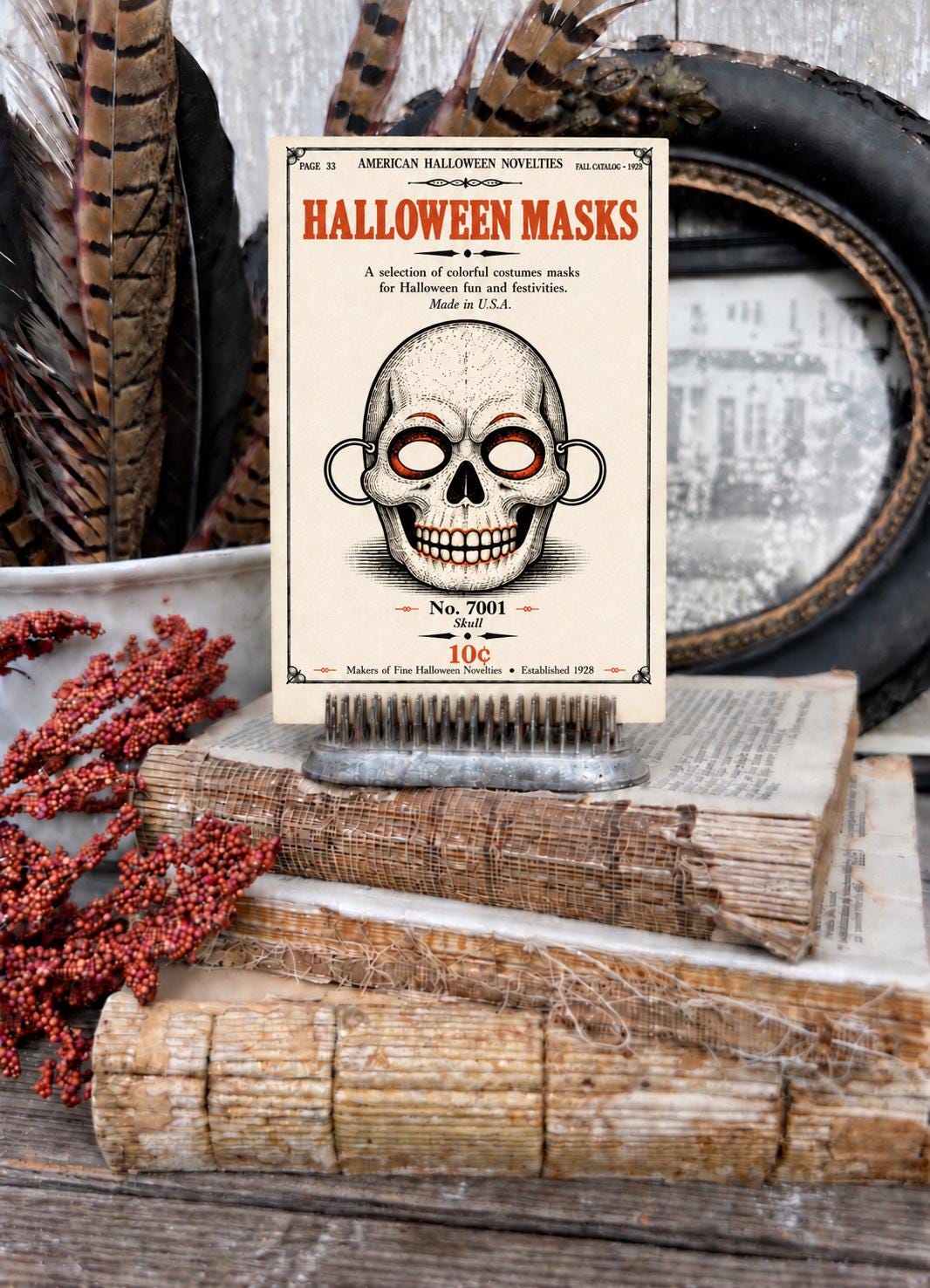SKULL MASK Vintage Halloween Catalog Card Fall Decor Sign