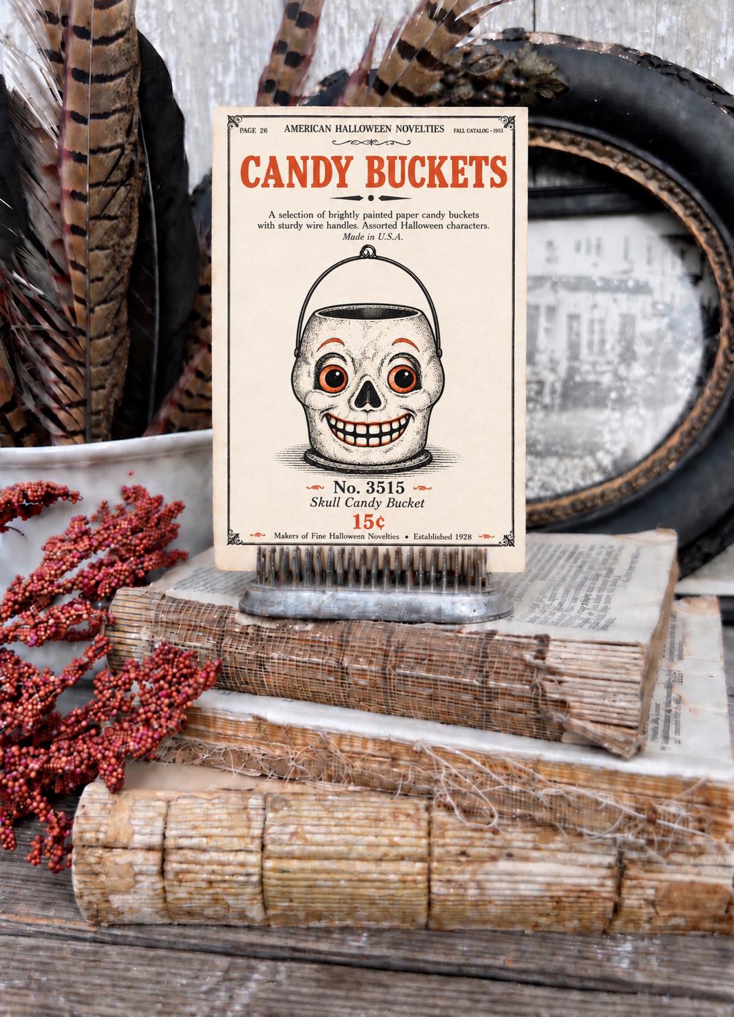SKULL Candy BUCKET Vintage Halloween Catalog Card Fall Decor Sign