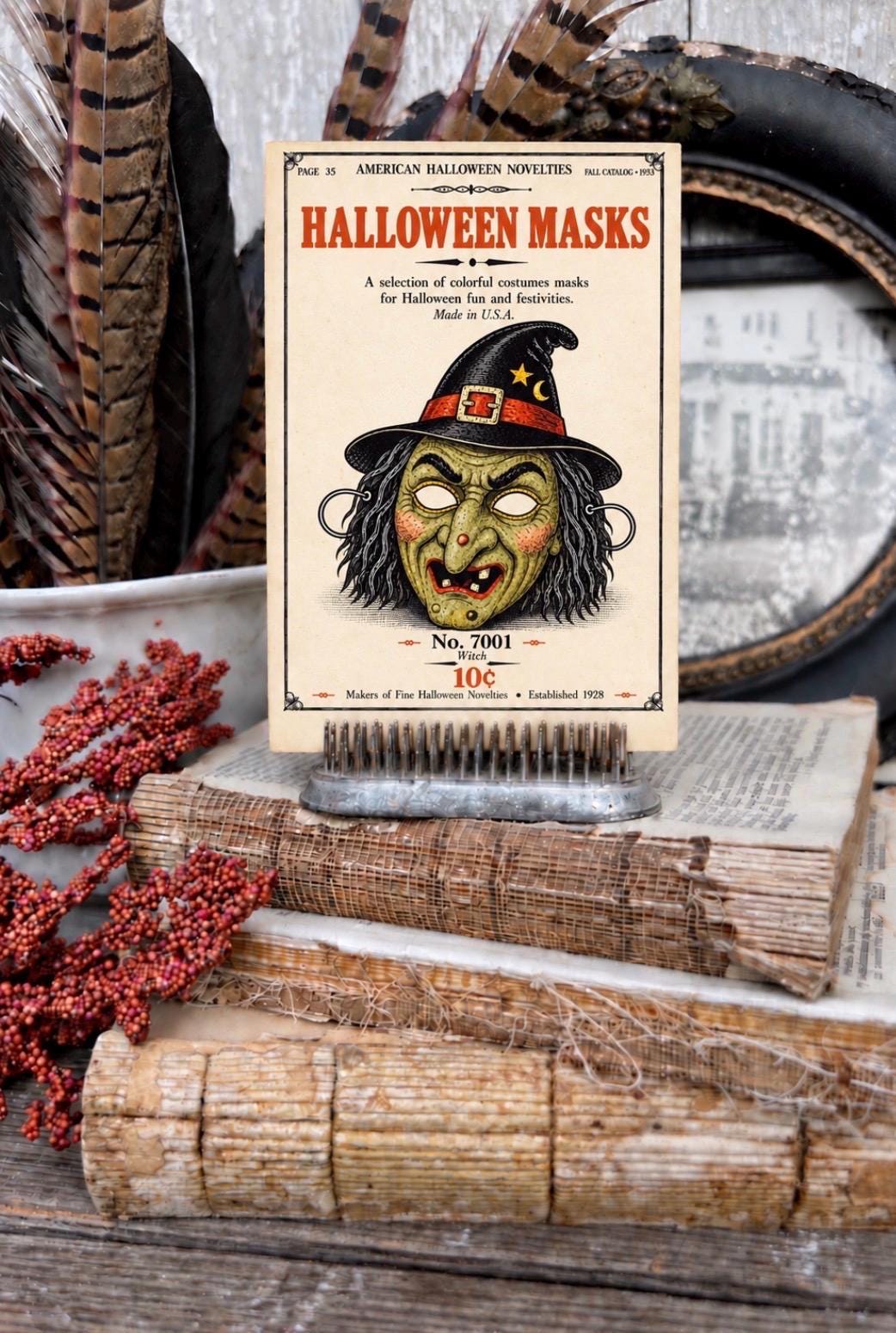 WITCH MASK Vintage Halloween Catalog Card Fall Decor Sign