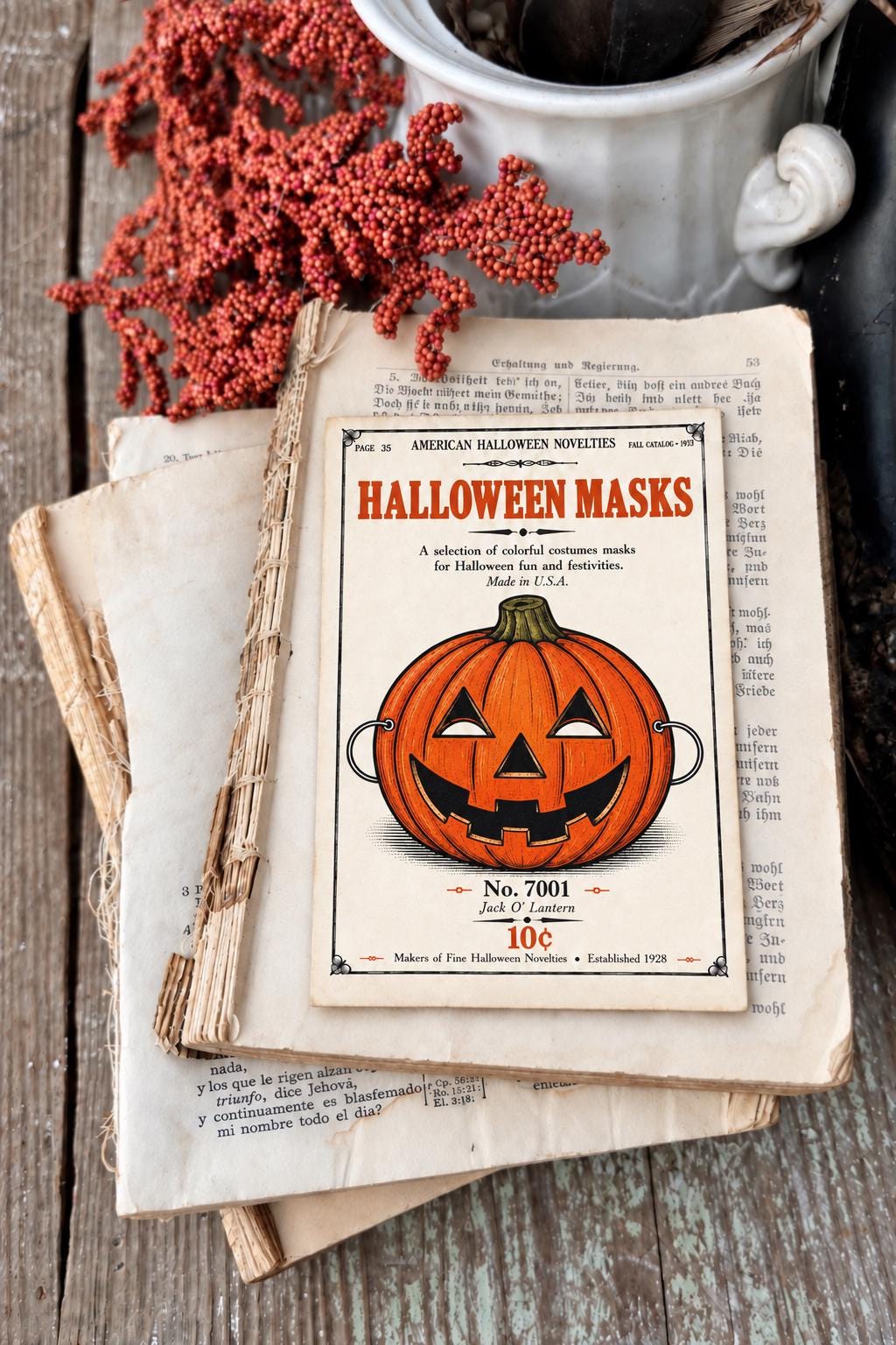 JACK o LANTERN MASK Vintage Halloween Catalog Card Fall Decor Sign