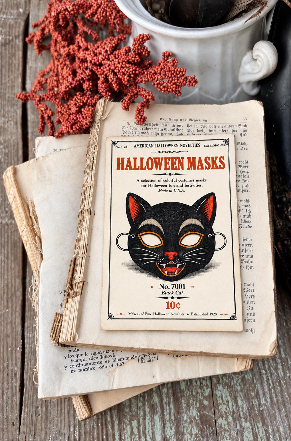 BLACK CAT MASK Vintage Halloween Catalog Card Fall Decor Sign