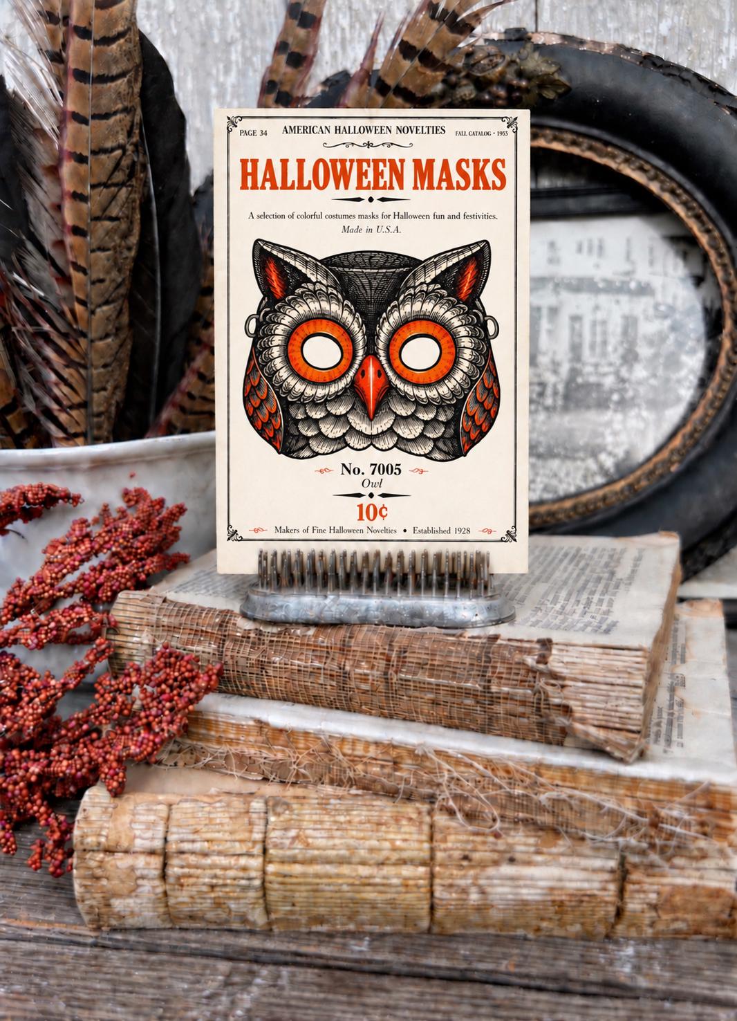 OWL MASK Vintage Halloween Catalog Card Fall Decor Sign