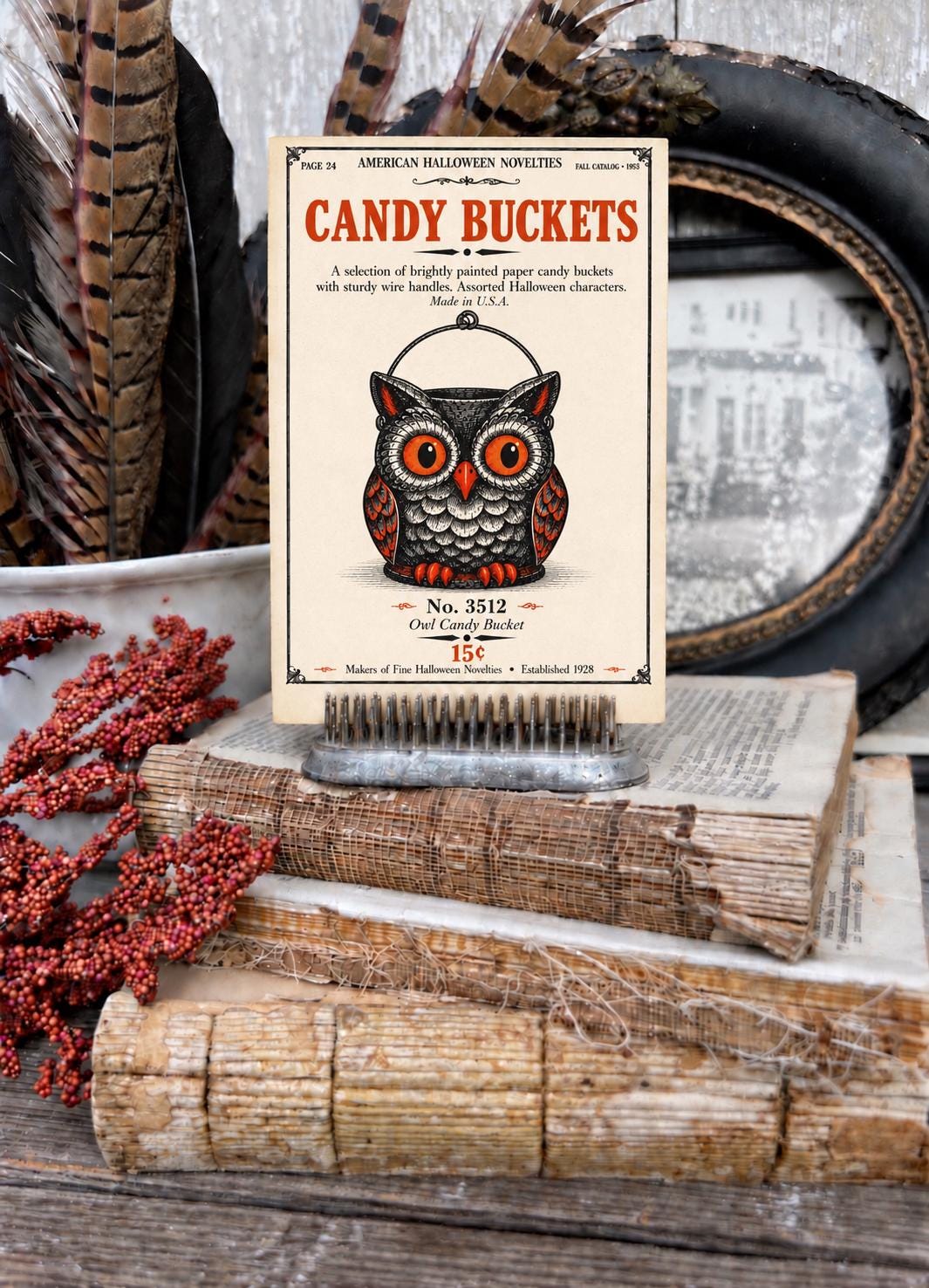 OWL CANDY BUCKET Vintage Halloween Catalog Card Fall Decor Sign