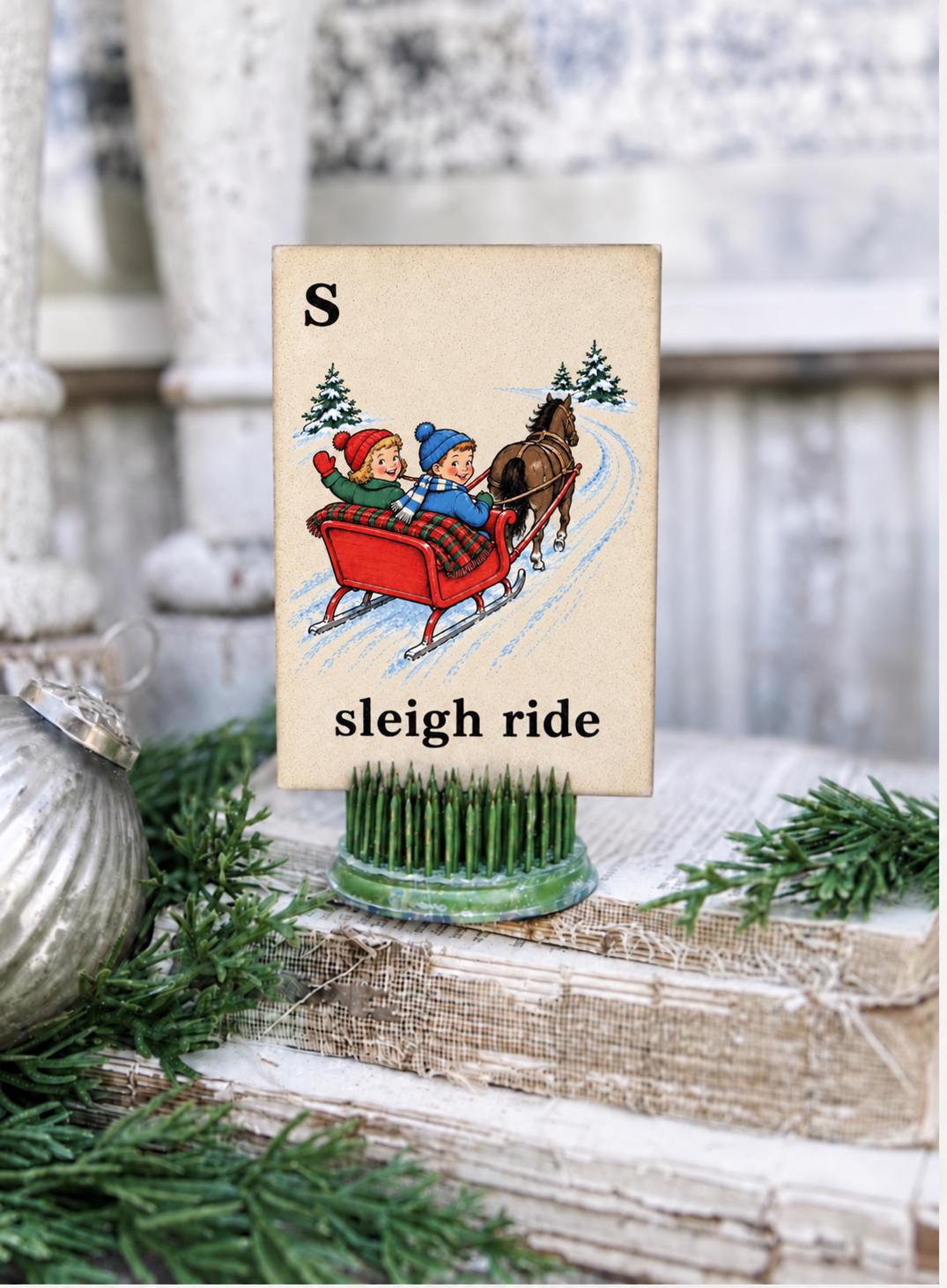 SLEIGH RIDE Flash Card Vintage Christmas Winter Farmhouse Decor Party