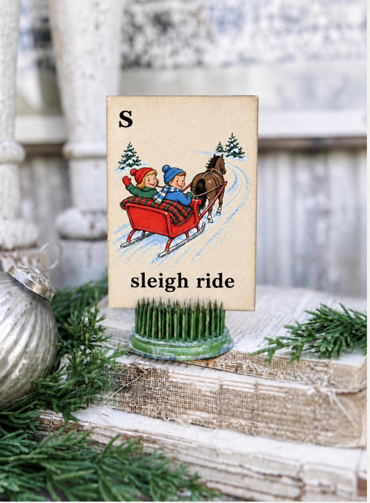 SLEIGH RIDE Flash Card Vintage Christmas Winter Farmhouse Decor Party