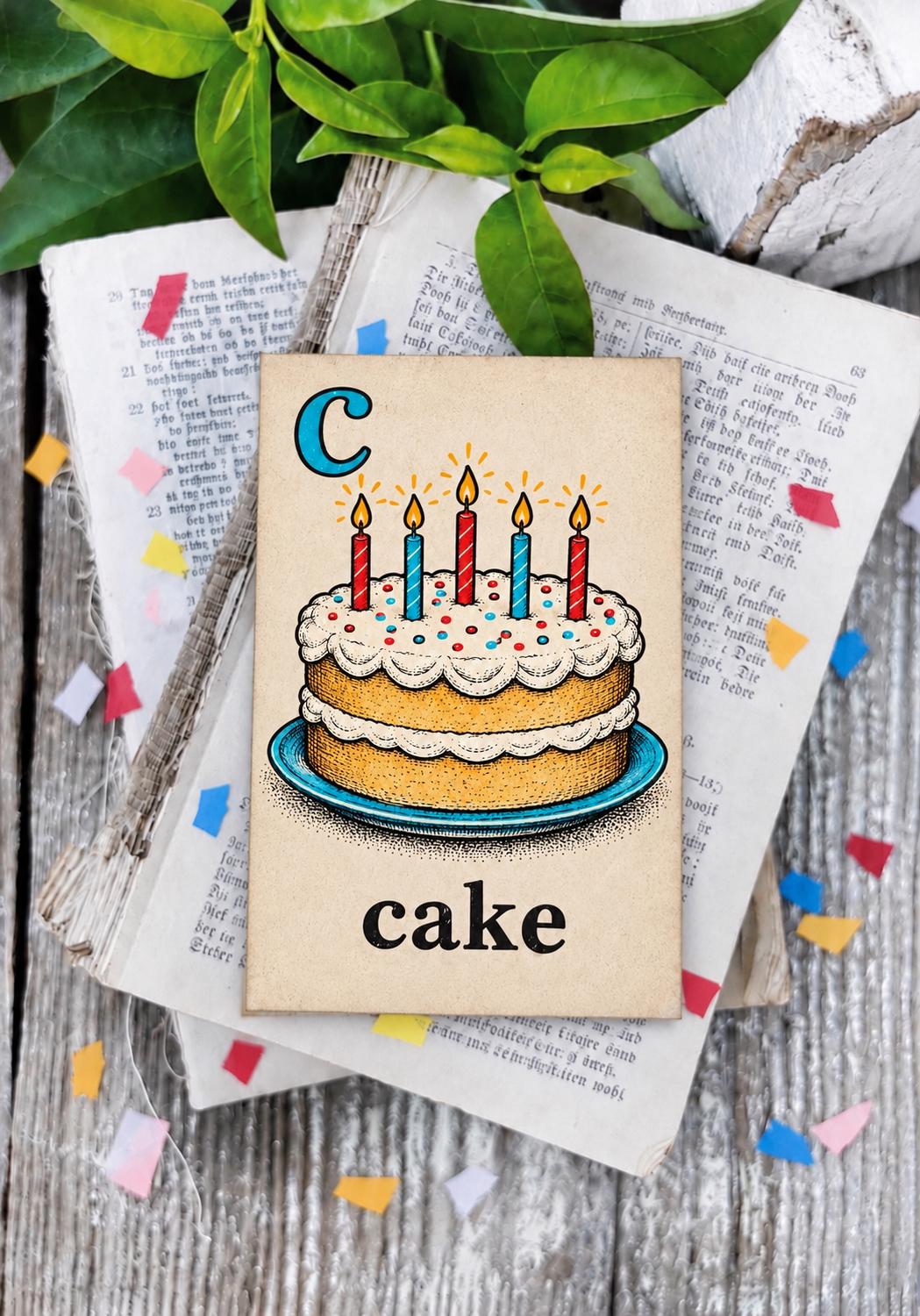 CAKE Flash Card Vintage Birthday Farmhouse Decor Party