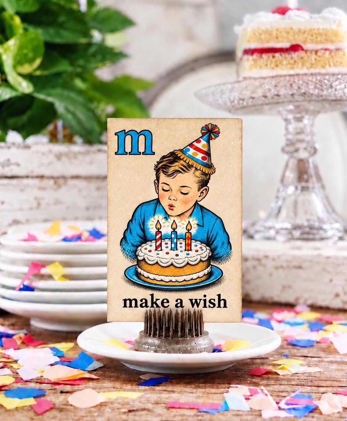 MAKE A WISH Flash Card Vintage Birthday Boy Farmhouse Decor Party