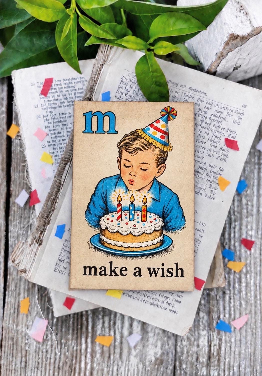 MAKE A WISH Flash Card Vintage Birthday Boy Farmhouse Decor Party
