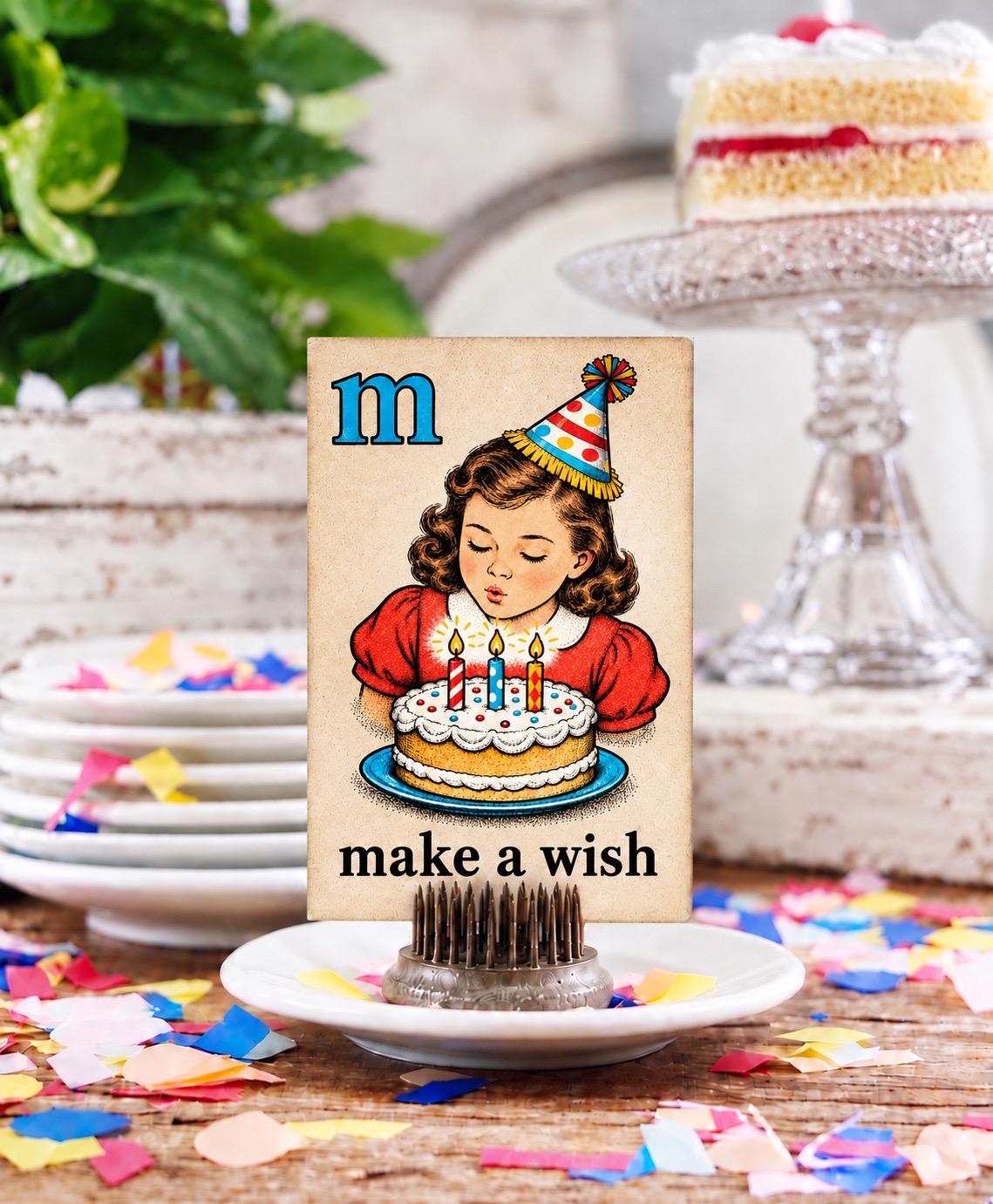 MAKE A WISH Flash Card Vintage Birthday Girl Farmhouse Decor Party