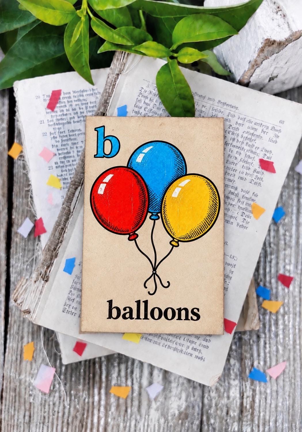 BALLOONS Flash Card Vintage Birthday Farmhouse Decor