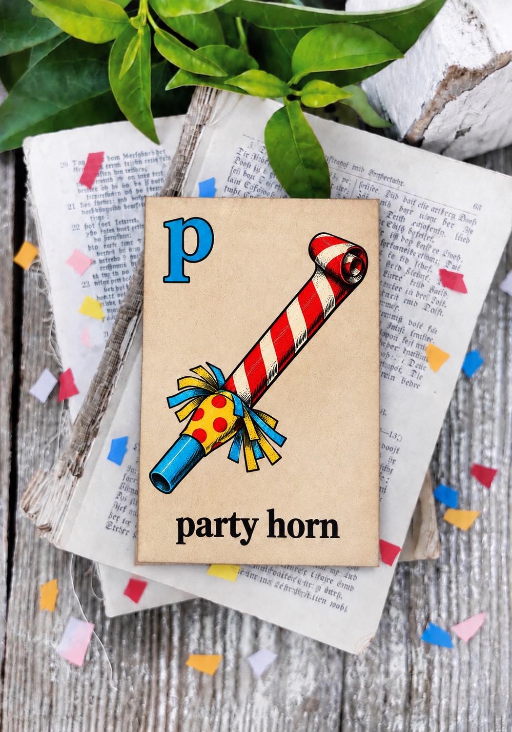PARTY HORN Flash Card Vintage Birthday Farmhouse Decor