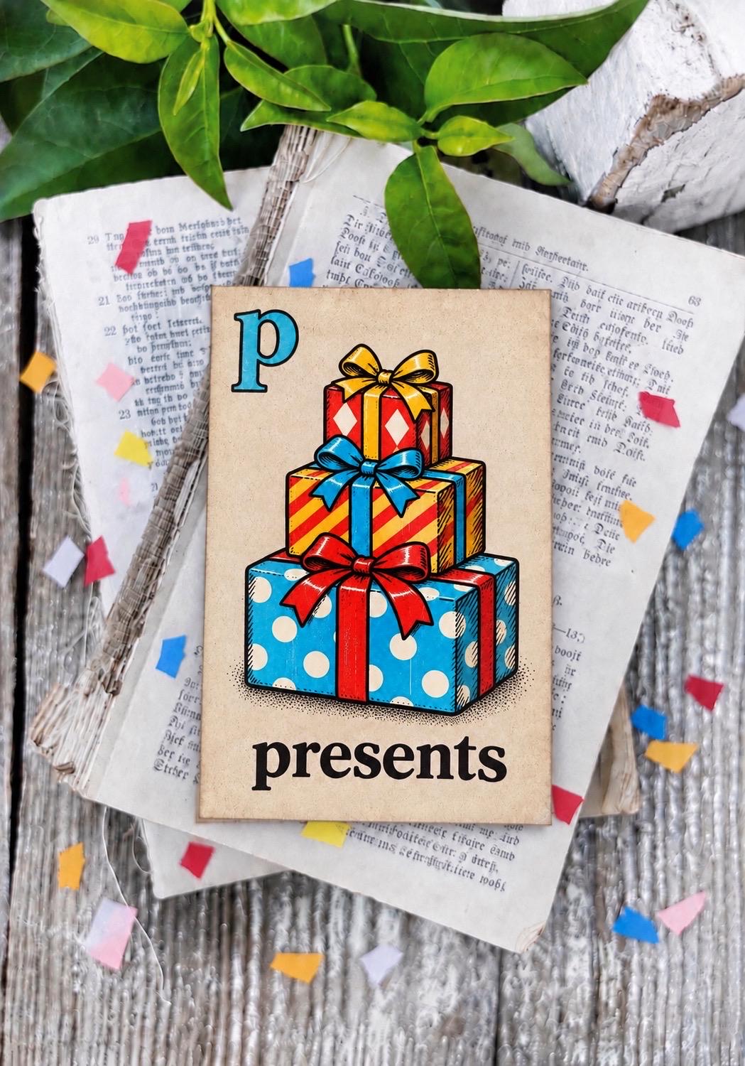 PRESENTS Flash Card Vintage Birthday Farmhouse Decor