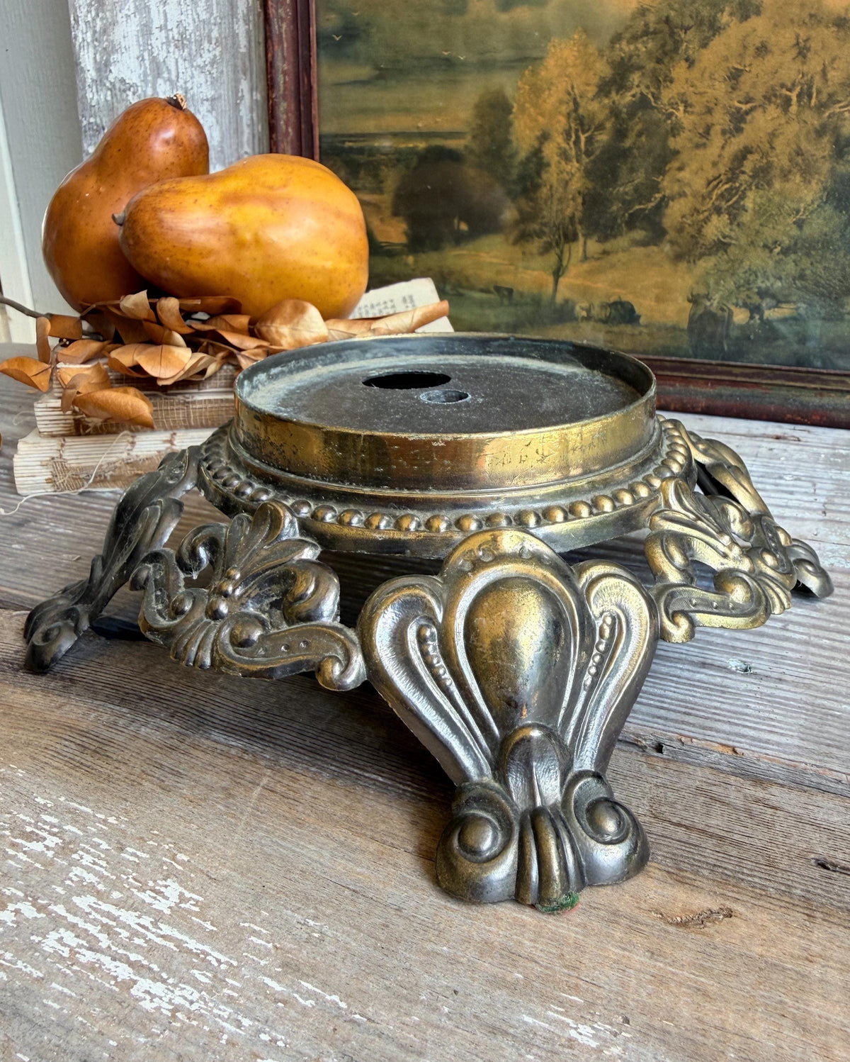 Antique Metal Brass BRASS Ornate Lamp Base Pedestal Light Part Architectural Industrial Salvage Farmhouse Decor