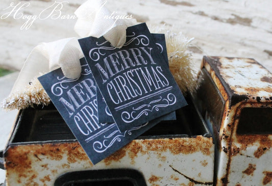 Christmas Gift Tags MERRY CHRISTMAS Chalkboard Farmhouse Decor Vintage French Country Shabby Chic Primitive Christmas
