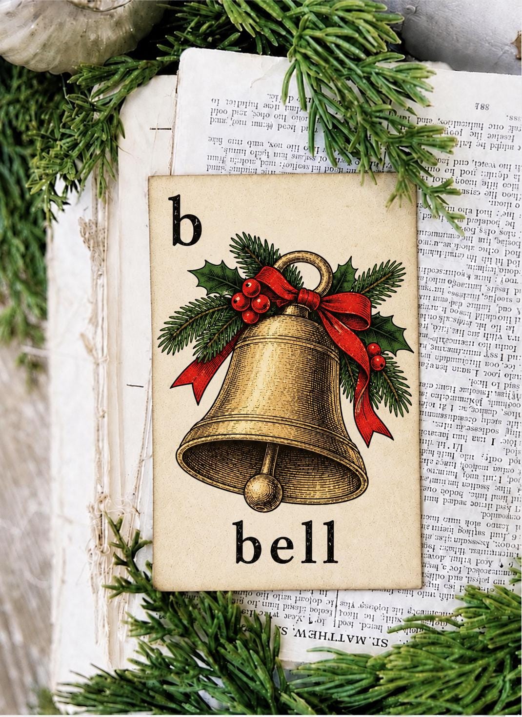 CHRISTMAS BELL Flash Card Vintage Farmhouse Decor Party Sign