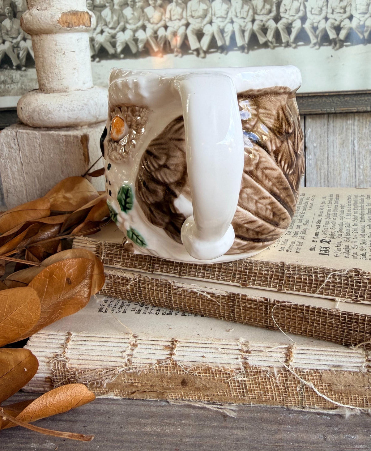 Vintage Ironstone OWL Mug FALL Christmas Winter Decor Enesco Japan