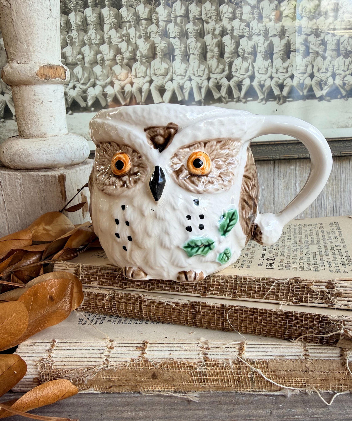 Vintage Ironstone OWL Mug FALL Christmas Winter Decor Enesco Japan