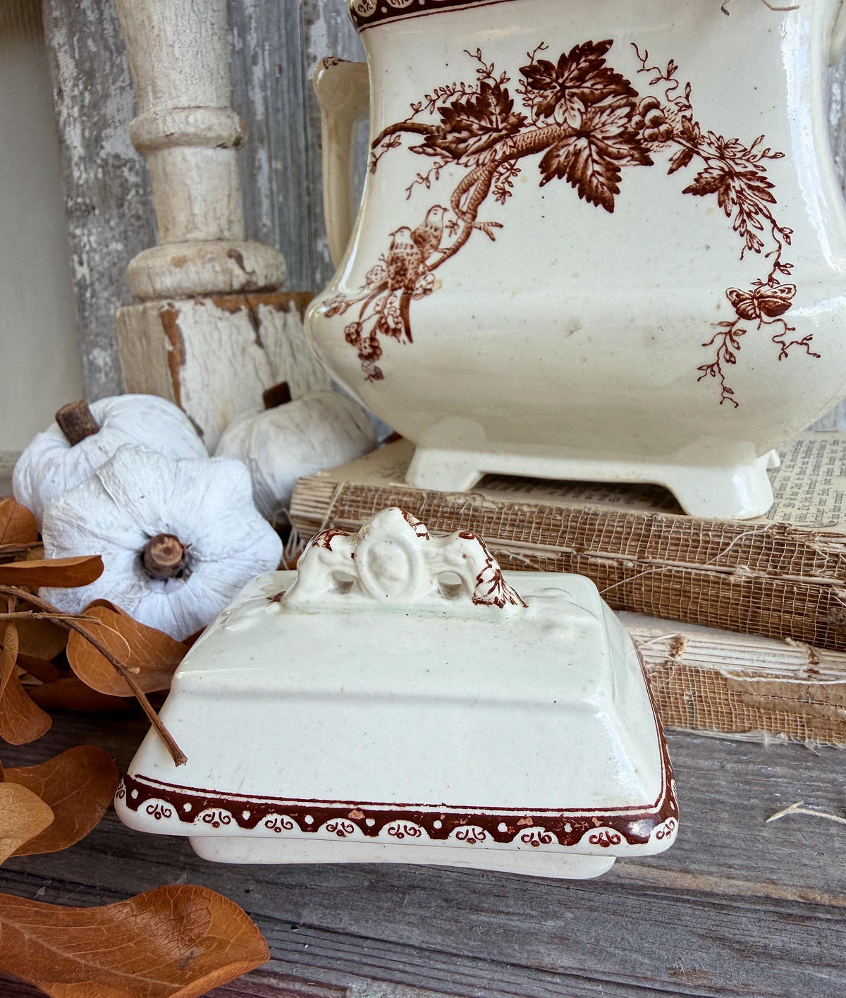 Antique Ironstone Sugar Bowl Jar Biscuit BROWN Transferware BIRD Farmhouse Decor