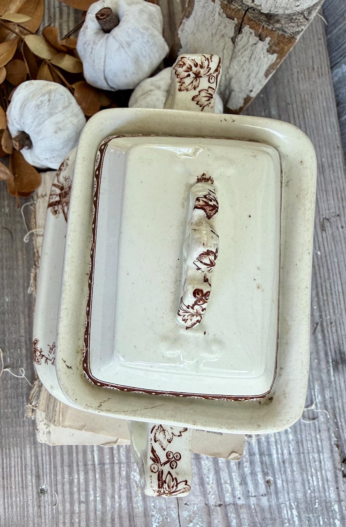 Antique Ironstone Sugar Bowl Jar Biscuit BROWN Transferware BIRD Farmhouse Decor