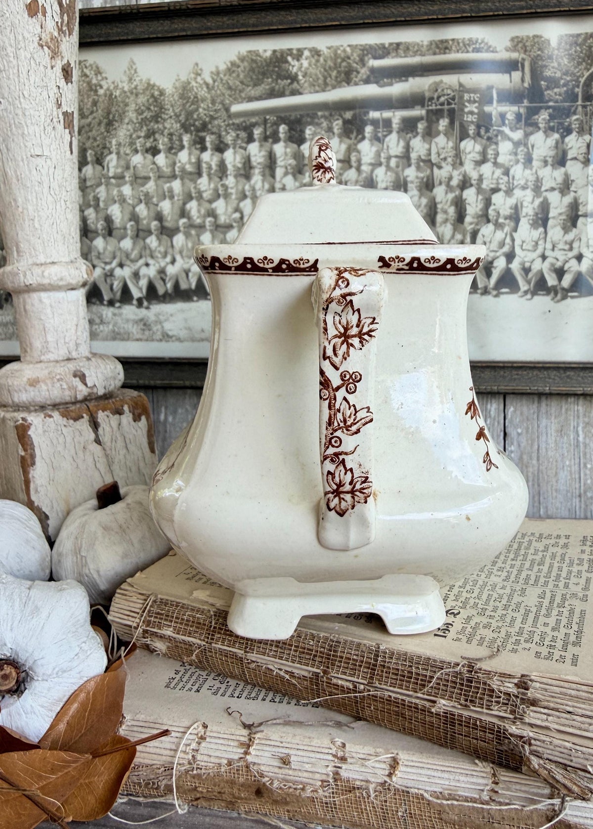 Antique Ironstone Sugar Bowl Jar Biscuit BROWN Transferware BIRD Farmhouse Decor
