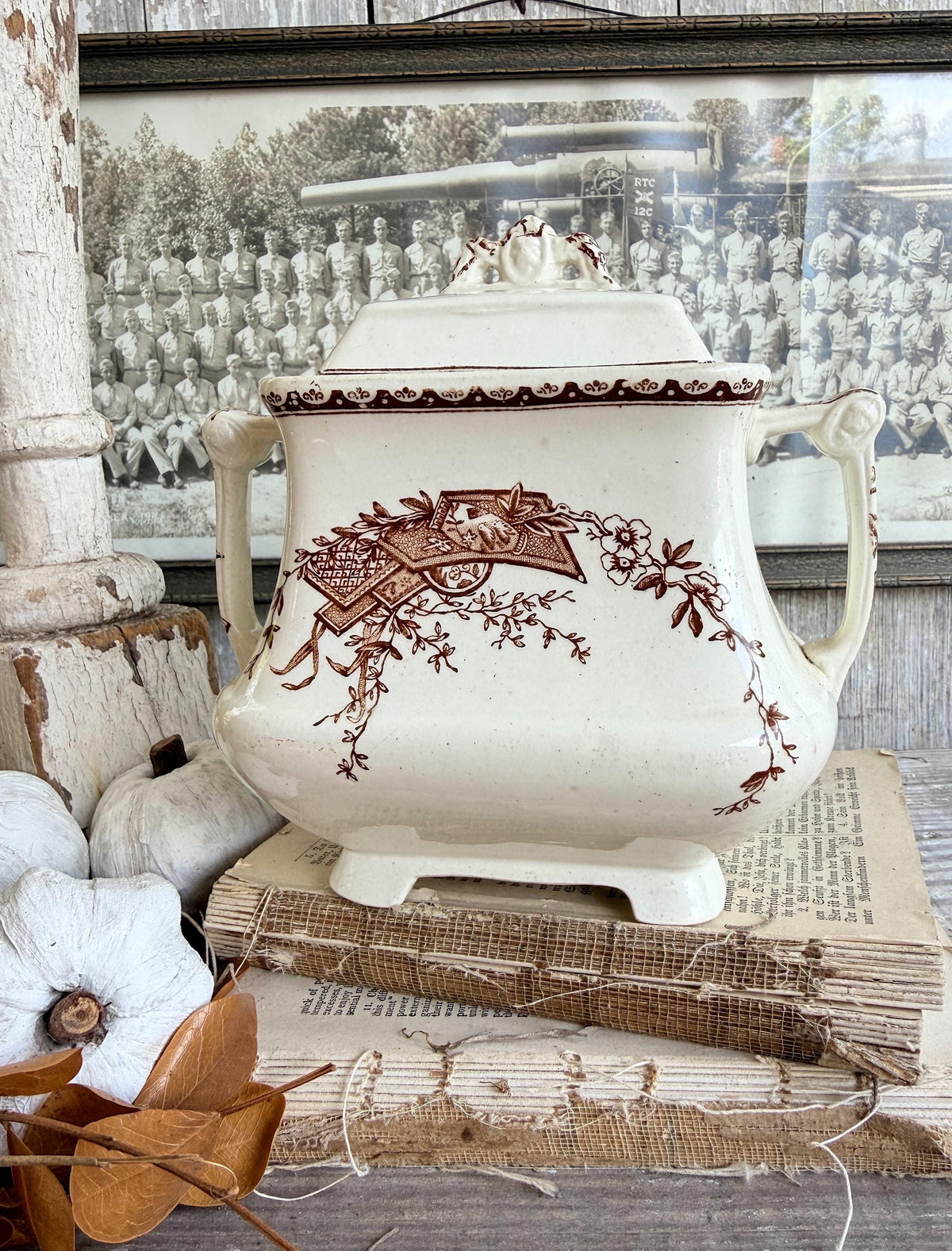 Antique Ironstone Sugar Bowl Jar Biscuit BROWN Transferware BIRD Farmhouse Decor