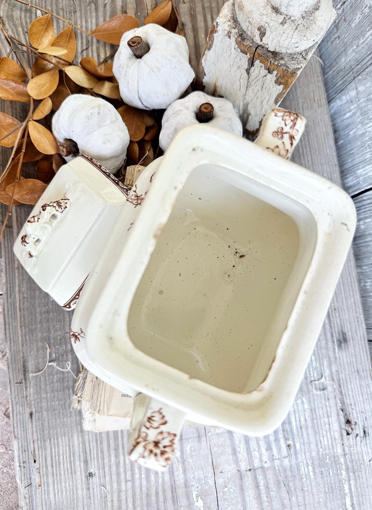 Antique Ironstone Sugar Bowl Jar Biscuit BROWN Transferware BIRD Farmhouse Decor