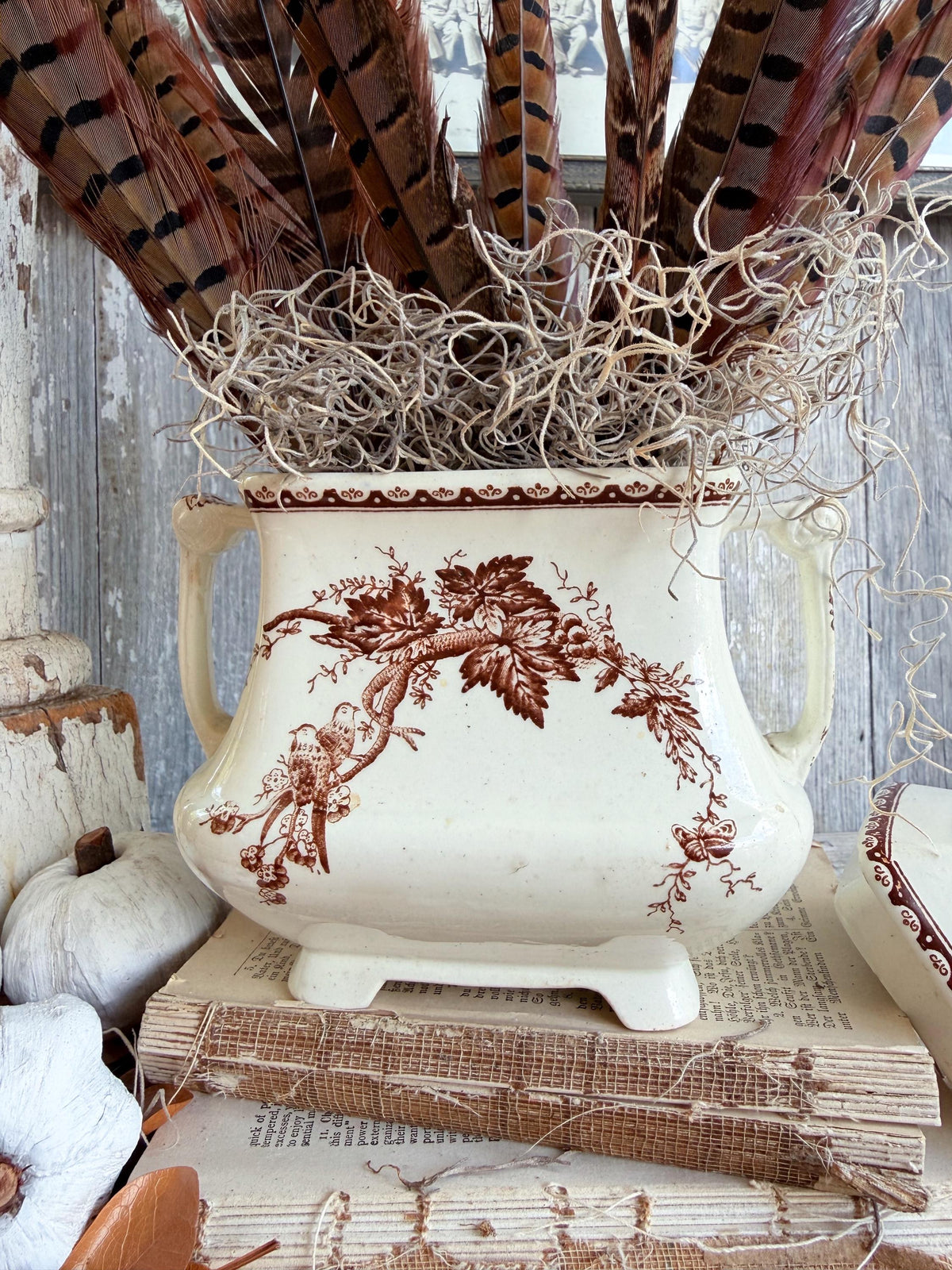 Antique Ironstone Sugar Bowl Jar Biscuit BROWN Transferware BIRD Farmhouse Decor