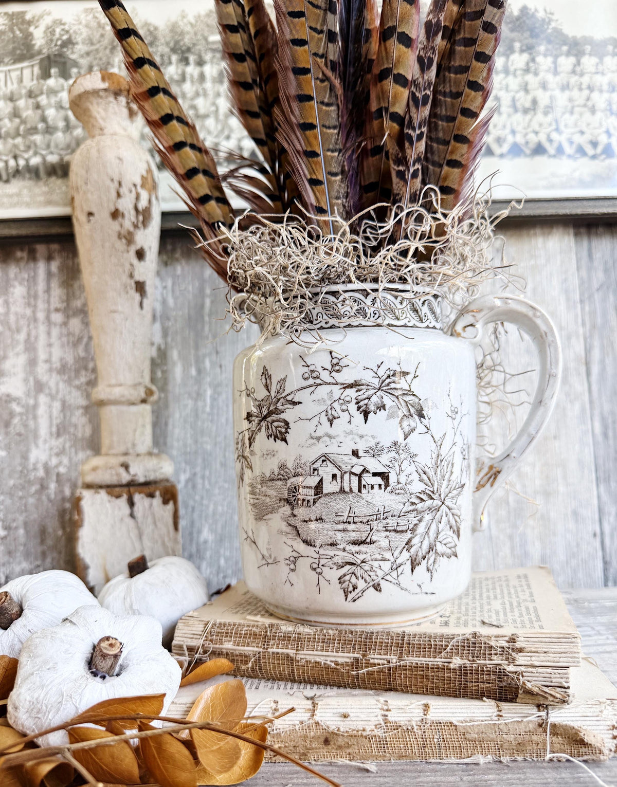 Antique Ironstone Pitcher Brown Transferware Royal England Farmhouse Decor