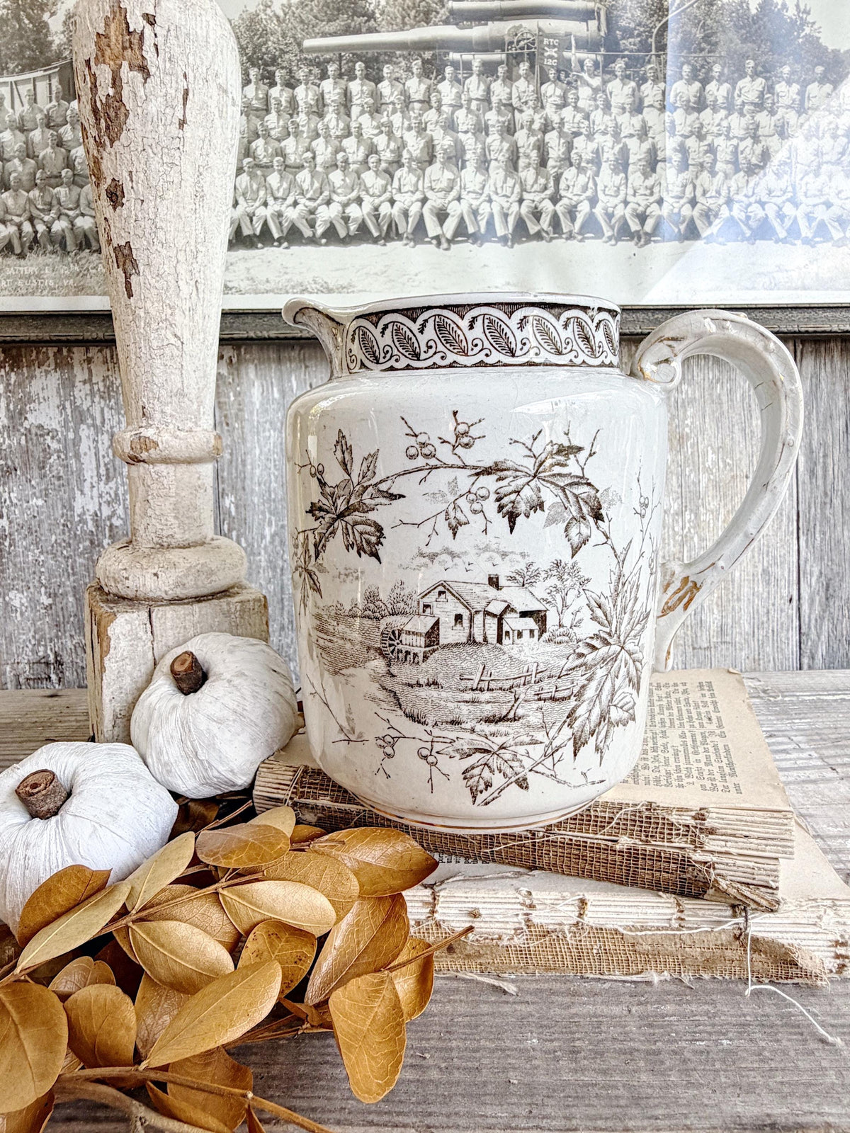 Antique Ironstone Pitcher Brown Transferware Royal England Farmhouse Decor