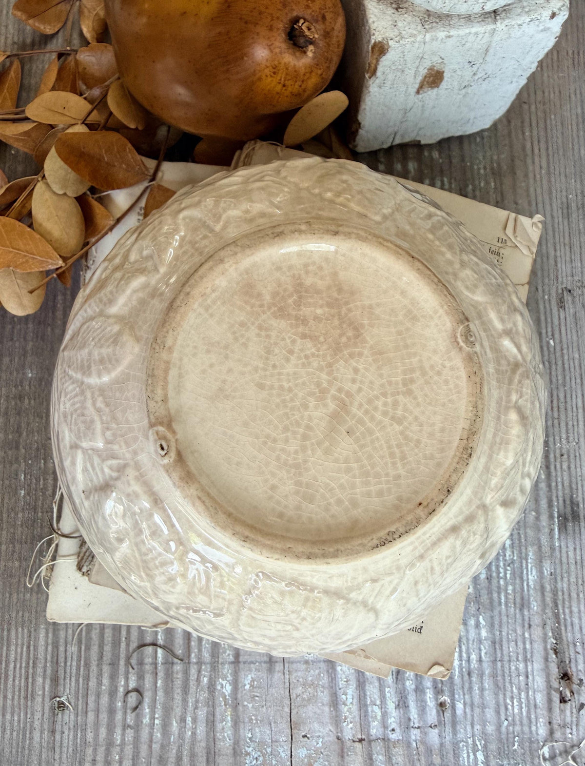 Antique White Ironstone Bowl Crazed Stained Fall Leaves