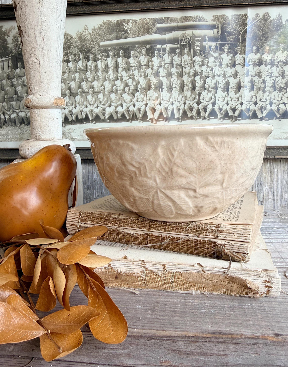 Antique White Ironstone Bowl Crazed Stained Fall Leaves