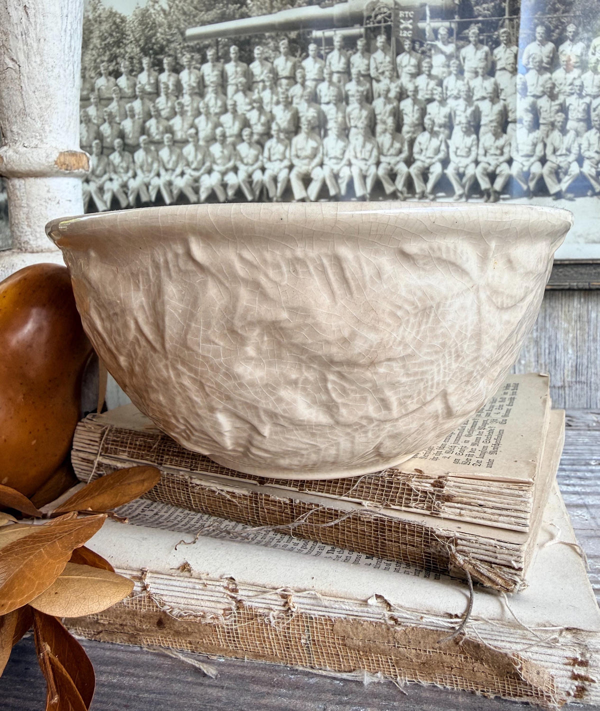 Antique White Ironstone Bowl Crazed Stained Fall Leaves