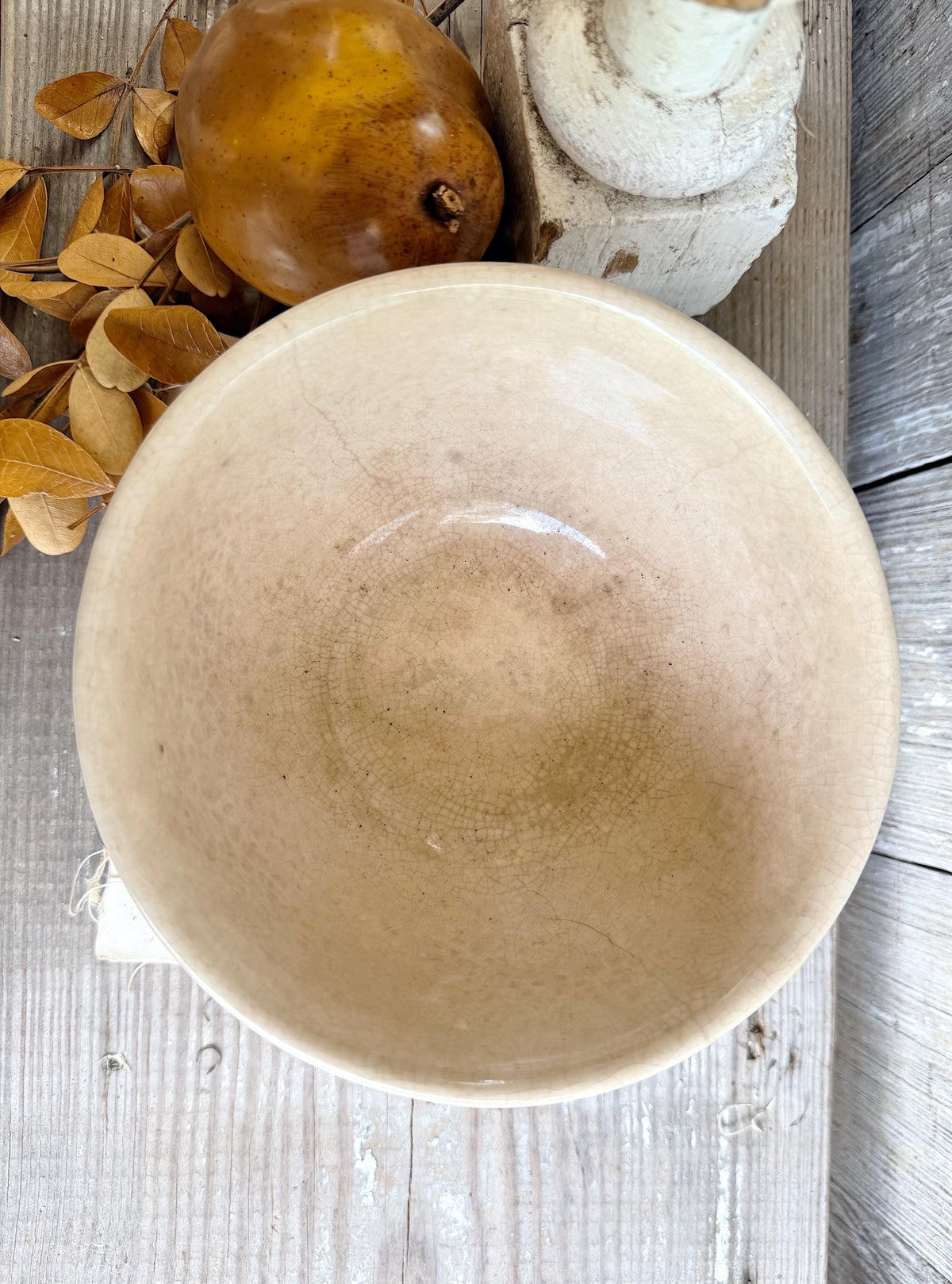 Antique White Ironstone Bowl Crazed Stained Fall Leaves