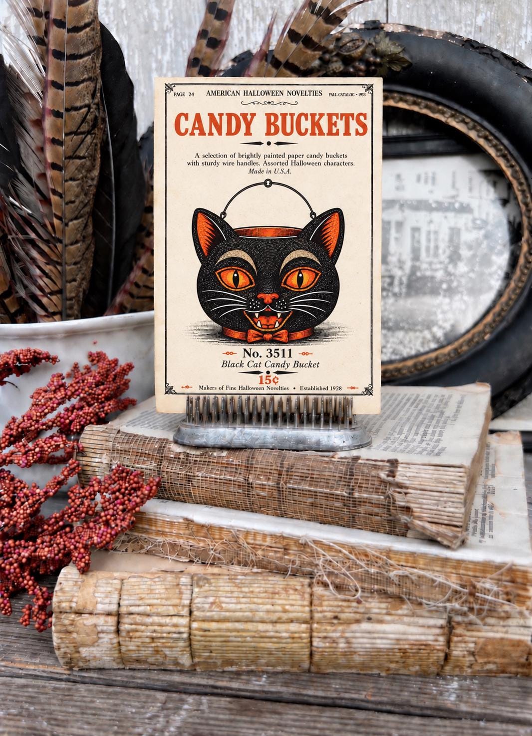 BLACK CAT Candy BUCKET Vintage Halloween Catalog Card Fall Decor Sign