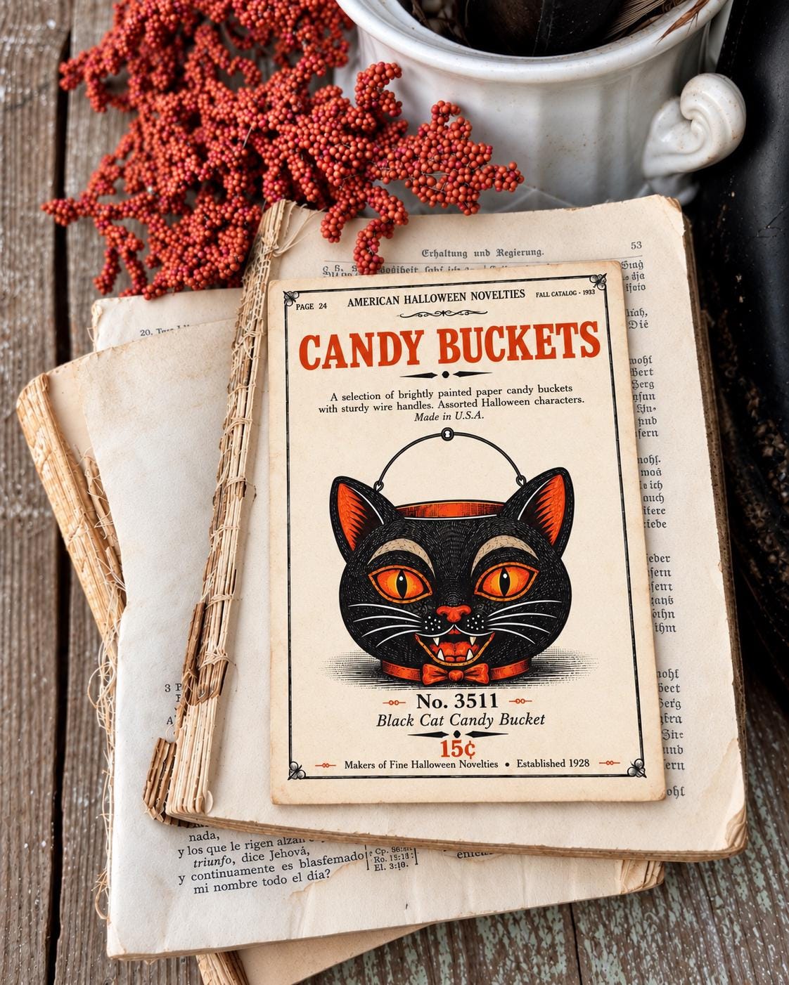 BLACK CAT Candy BUCKET Vintage Halloween Catalog Card Fall Decor Sign