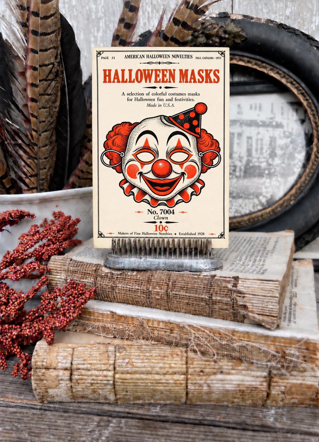 CLOWN MASK Vintage Halloween Catalog Card Fall Decor Sign