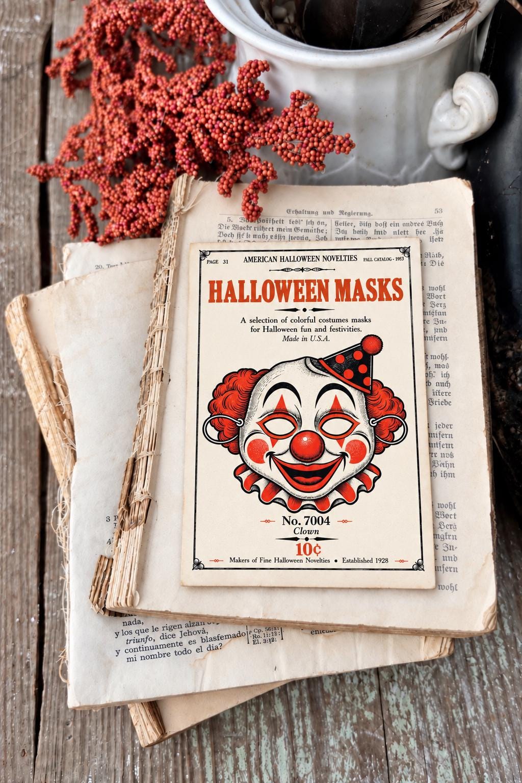 CLOWN MASK Vintage Halloween Catalog Card Fall Decor Sign