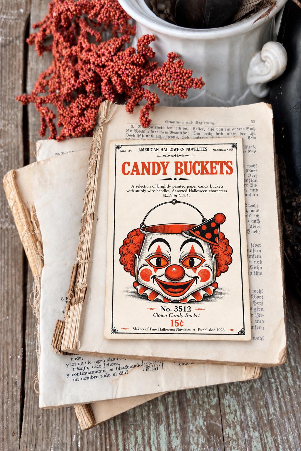 CLOWN Candy BUCKET Vintage Halloween Catalog Card Fall Decor Sign