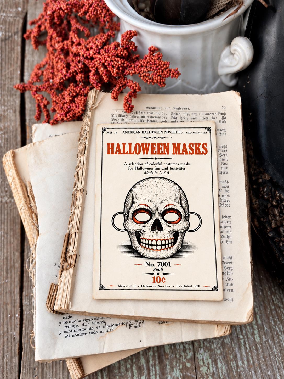 SKULL MASK Vintage Halloween Catalog Card Fall Decor Sign