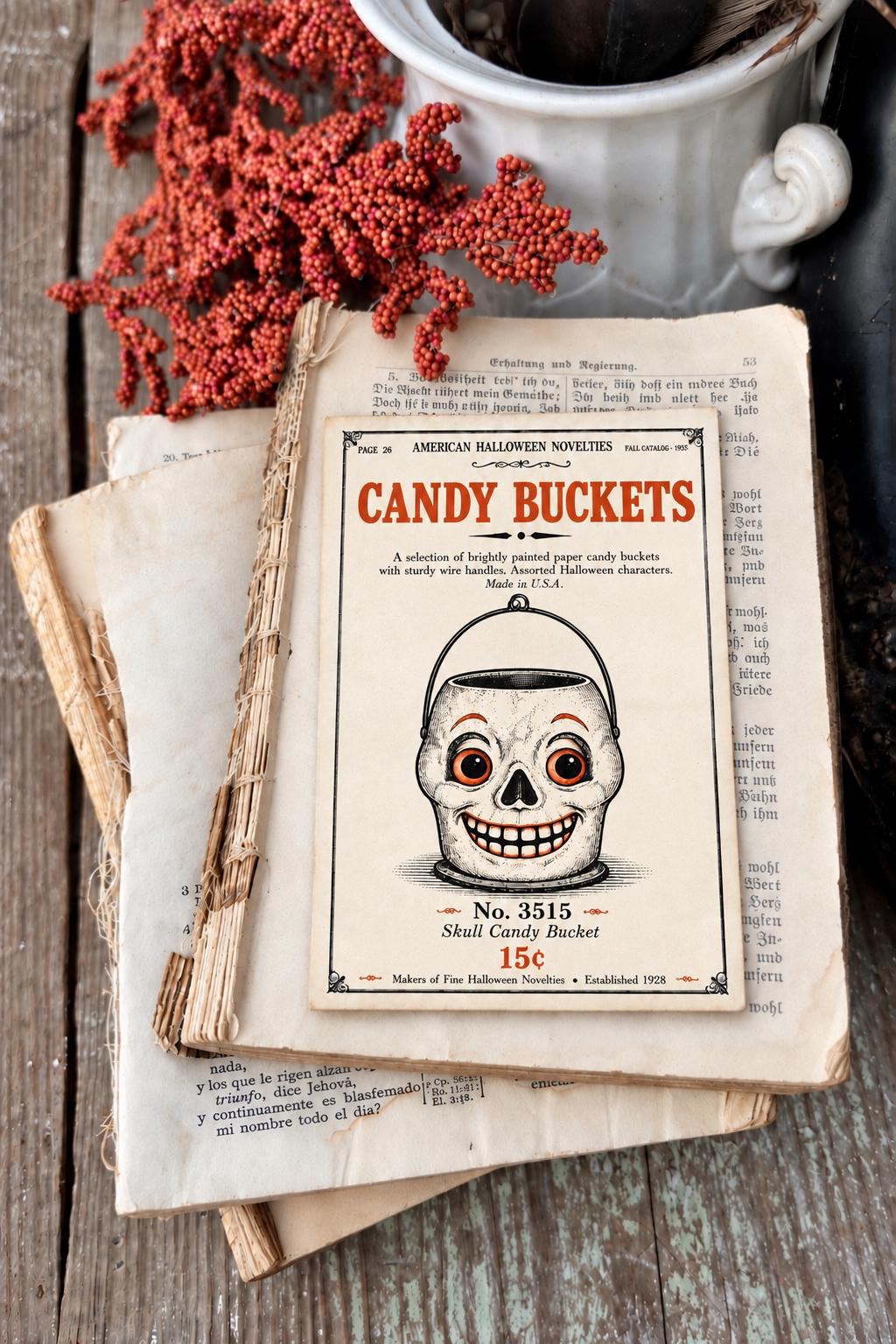 SKULL Candy BUCKET Vintage Halloween Catalog Card Fall Decor Sign