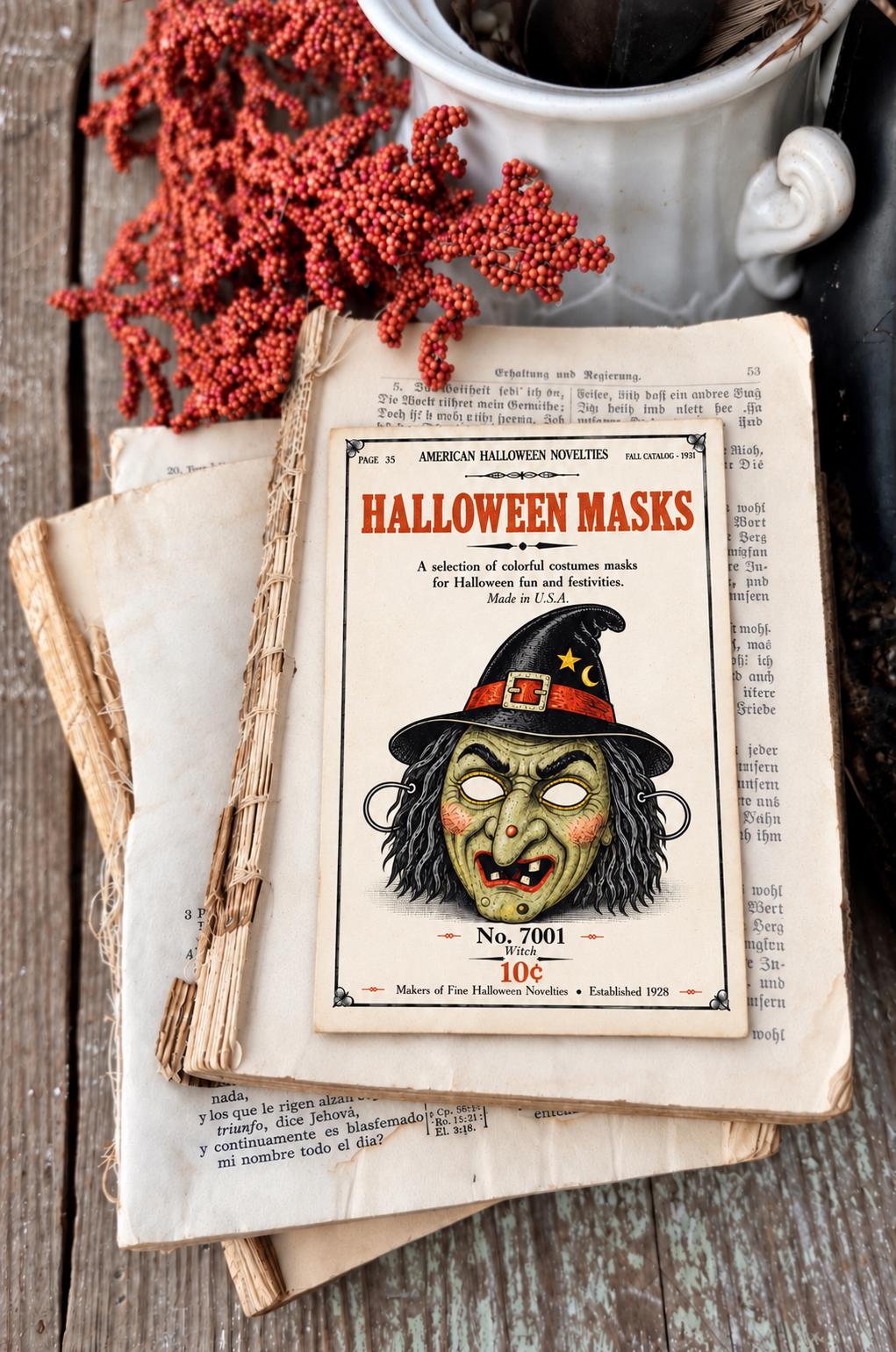 WITCH MASK Vintage Halloween Catalog Card Fall Decor Sign
