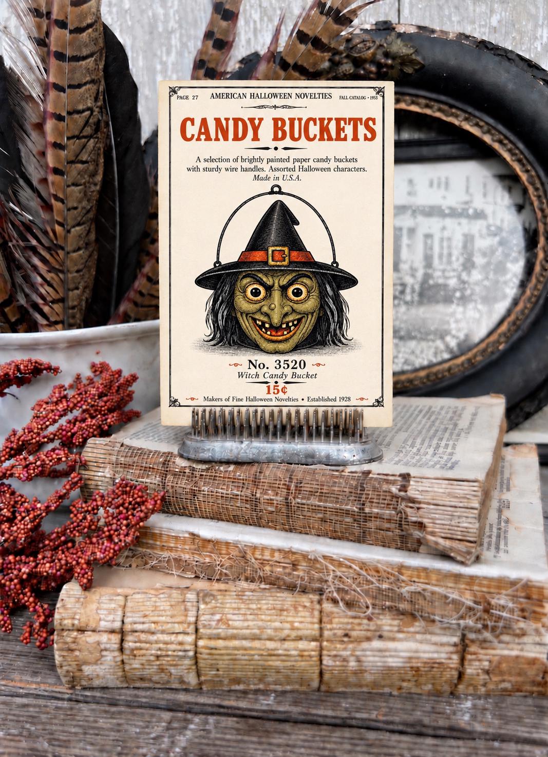WITCH Candy BUCKET Vintage Halloween Catalog Card Fall Decor Sign