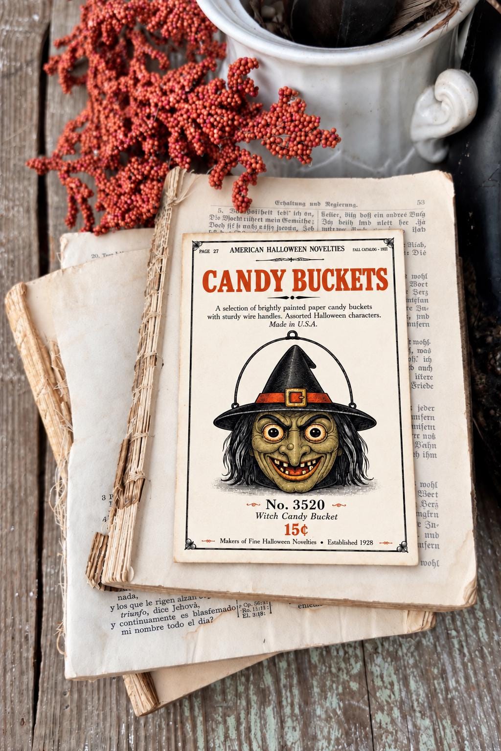 WITCH Candy BUCKET Vintage Halloween Catalog Card Fall Decor Sign