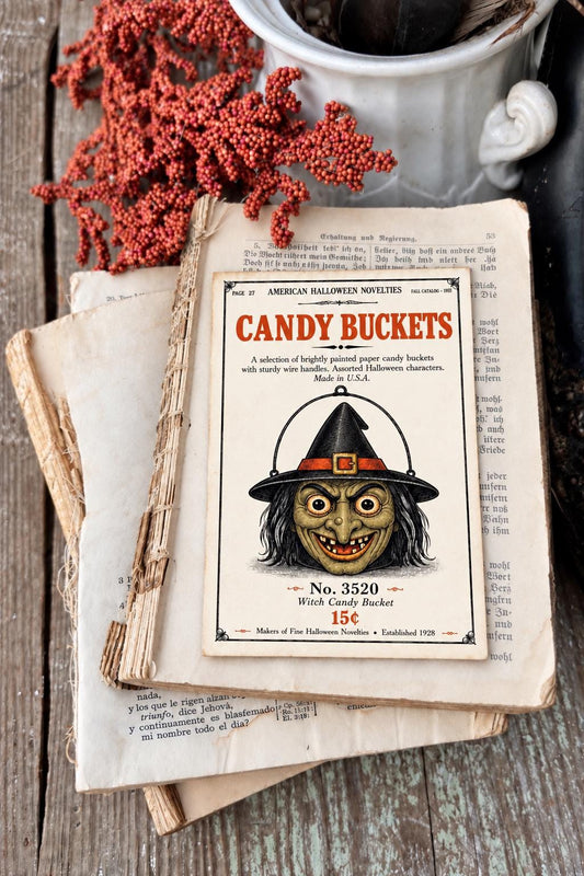 WITCH Candy BUCKET Vintage Halloween Catalog Card Fall Decor Sign