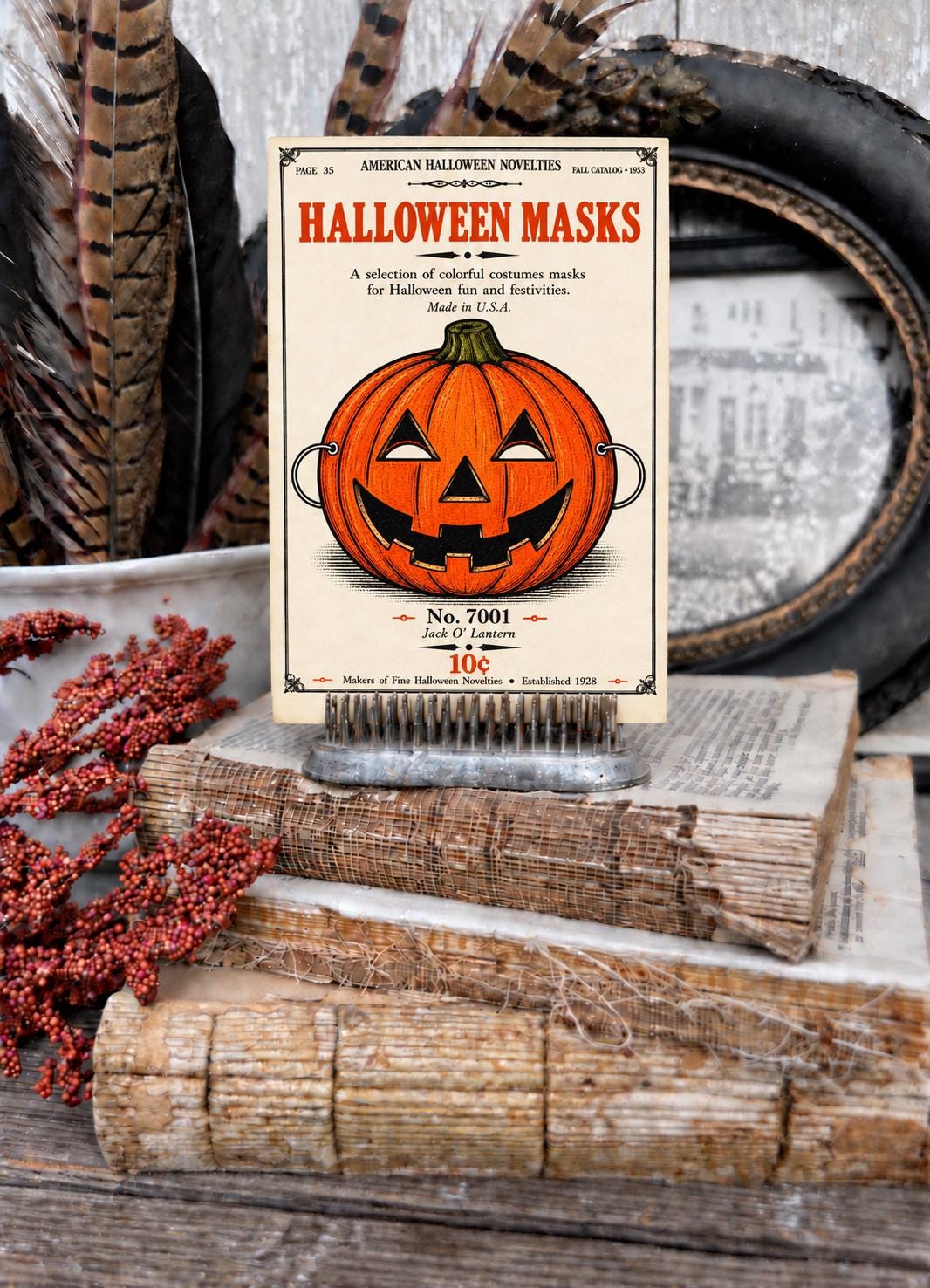 JACK o LANTERN MASK Vintage Halloween Catalog Card Fall Decor Sign